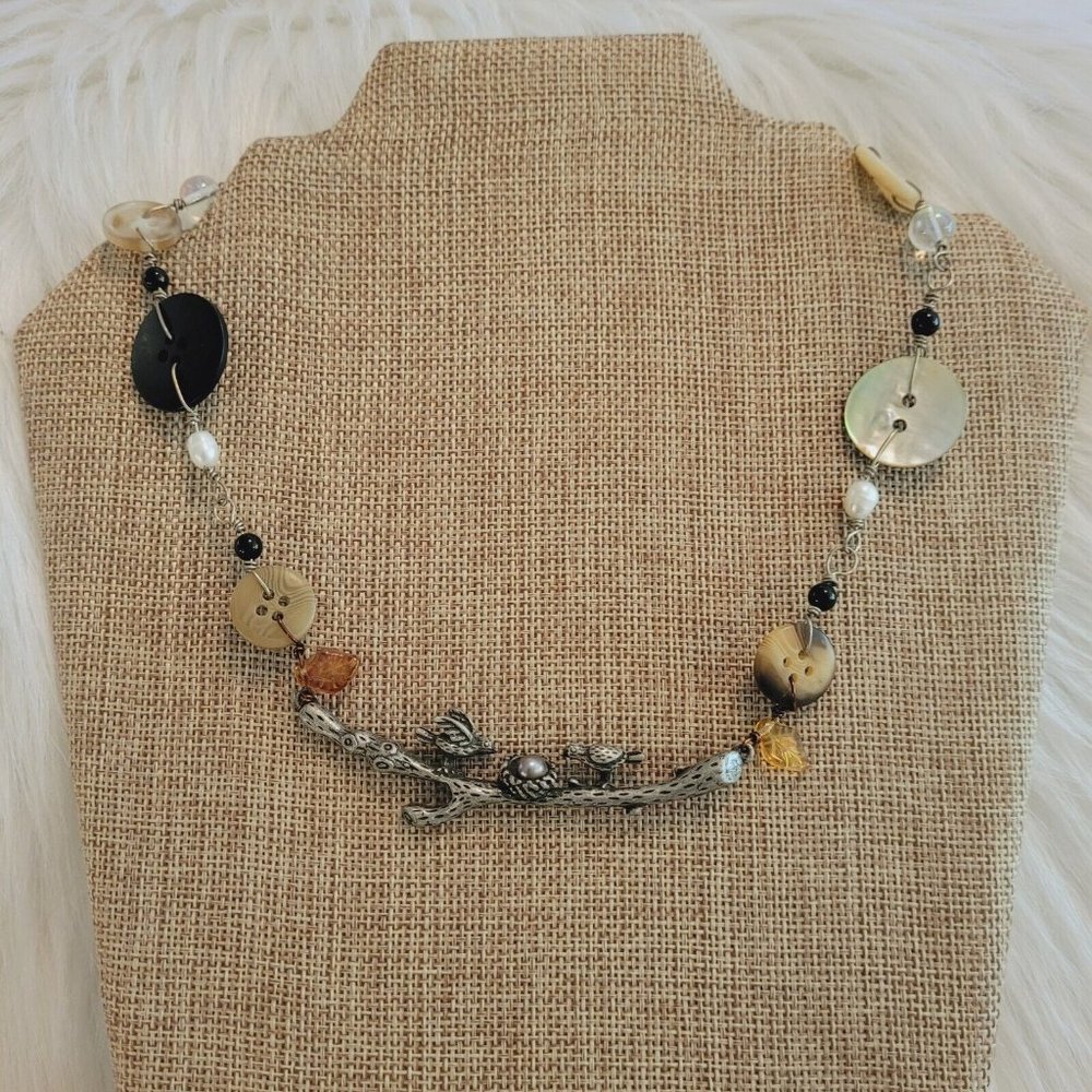 Art to Wear Bird on Branch Necklace Western Abstract Silver Tone Coastal 9784